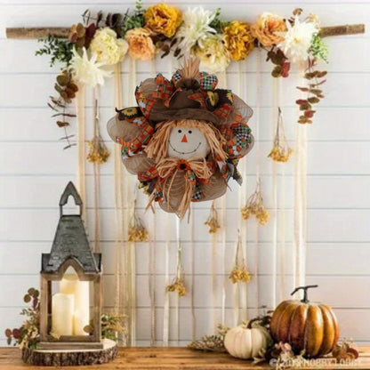 17.71in Artisan Fall Scarecrow Wreath with Sunflowers & Bow - Harvest & Thanksgiving Décor