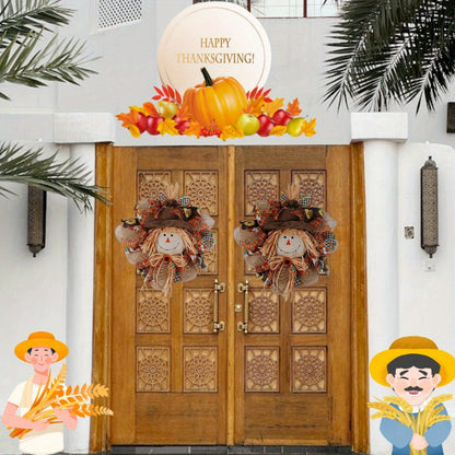 17.71in Artisan Fall Scarecrow Wreath with Sunflowers & Bow - Harvest & Thanksgiving Décor