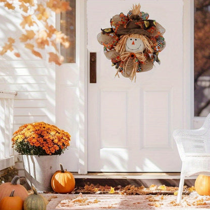 17.71in Artisan Fall Scarecrow Wreath with Sunflowers & Bow - Harvest & Thanksgiving Décor