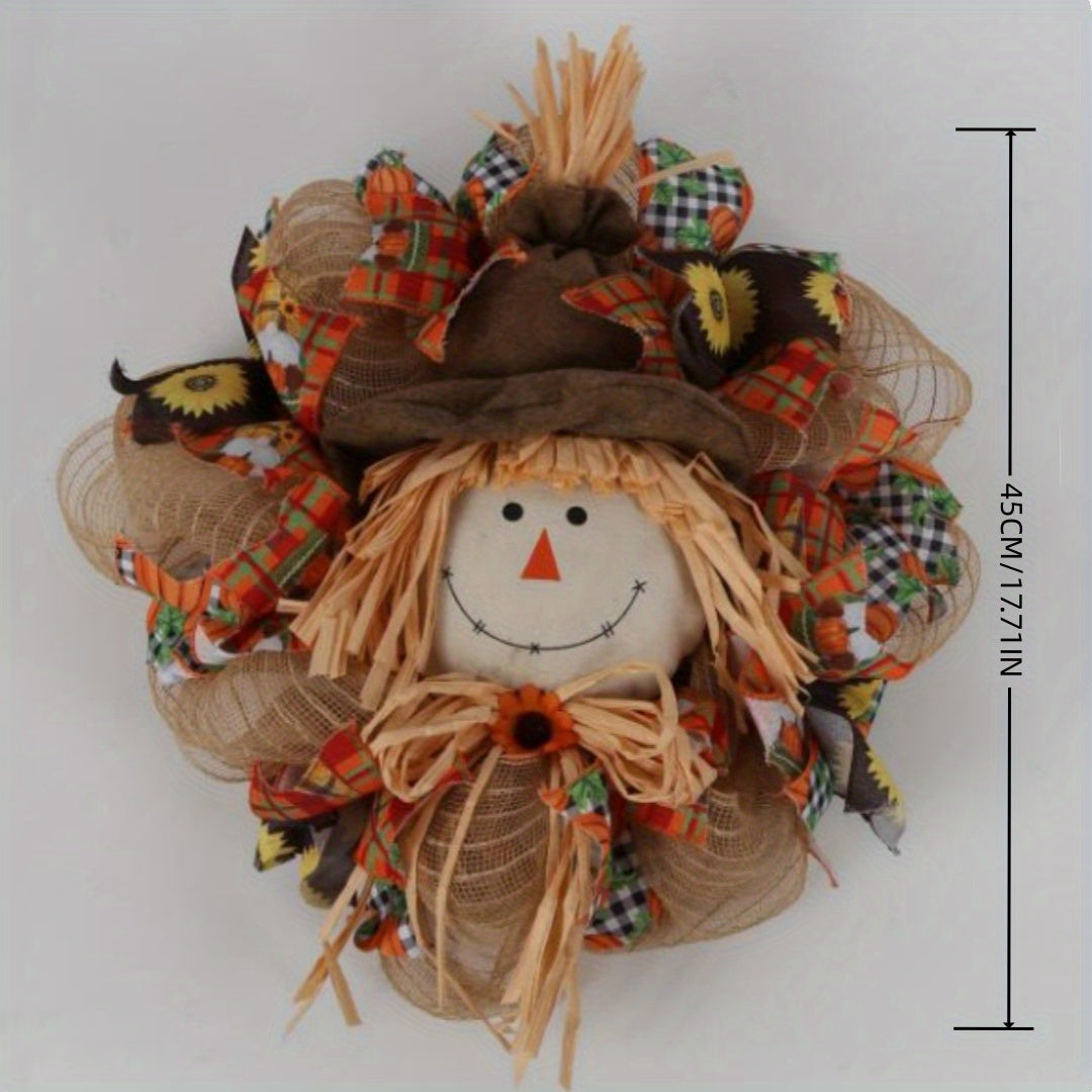 17.71in Artisan Fall Scarecrow Wreath with Sunflowers & Bow - Harvest & Thanksgiving Décor