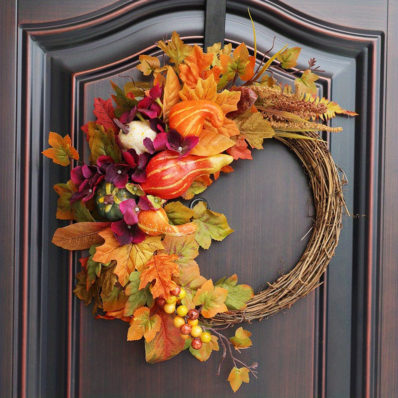 17.7in Artificial Maple Leaf & Pumpkin Wreath - Fall & Thanksgiving Décor