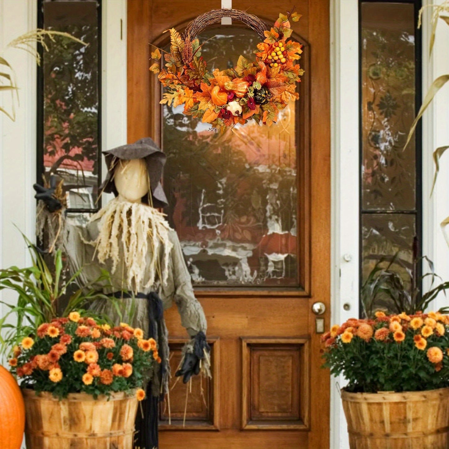 17.7in Artificial Maple Leaf & Pumpkin Wreath - Fall & Thanksgiving Décor