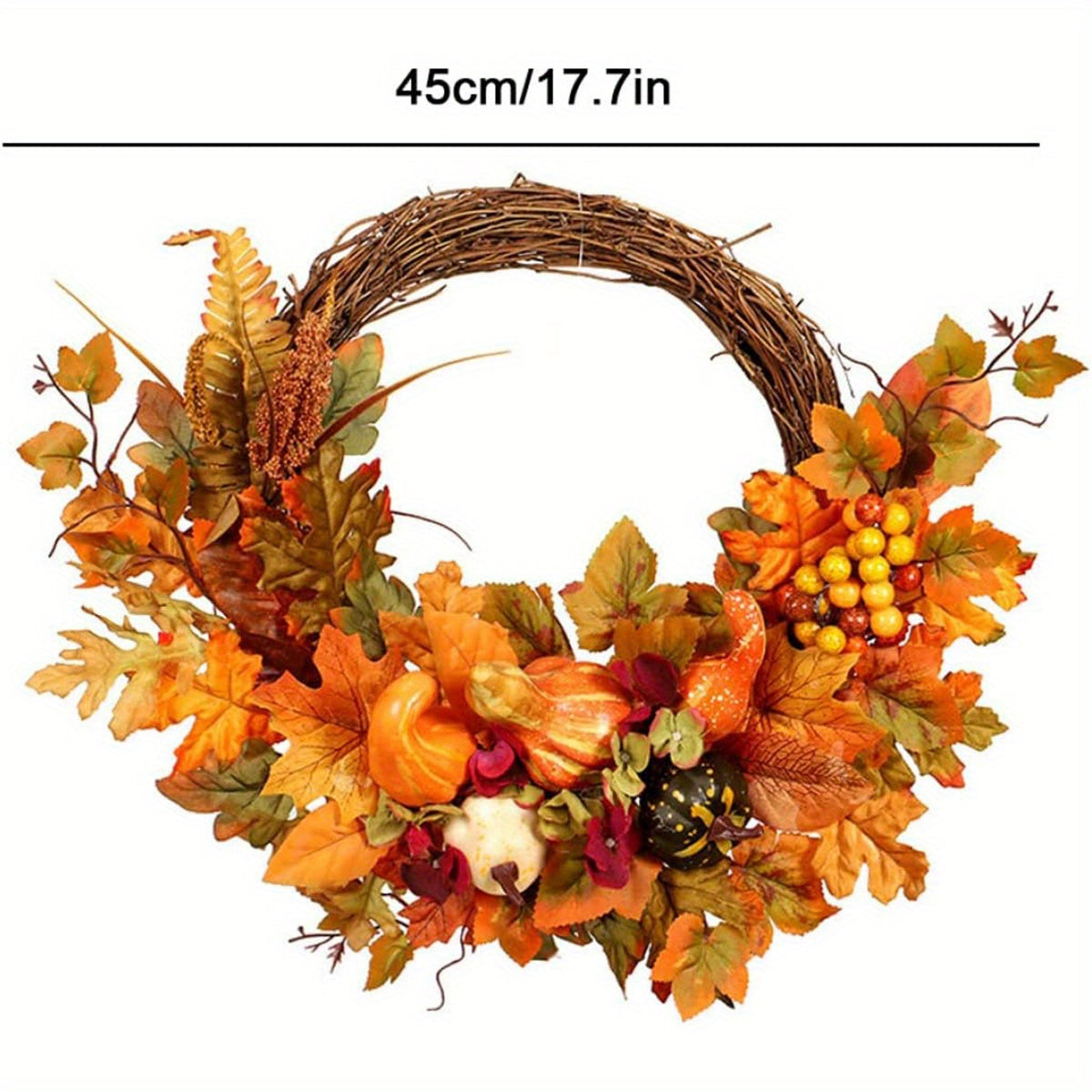 17.7in Artificial Maple Leaf & Pumpkin Wreath - Fall & Thanksgiving Décor