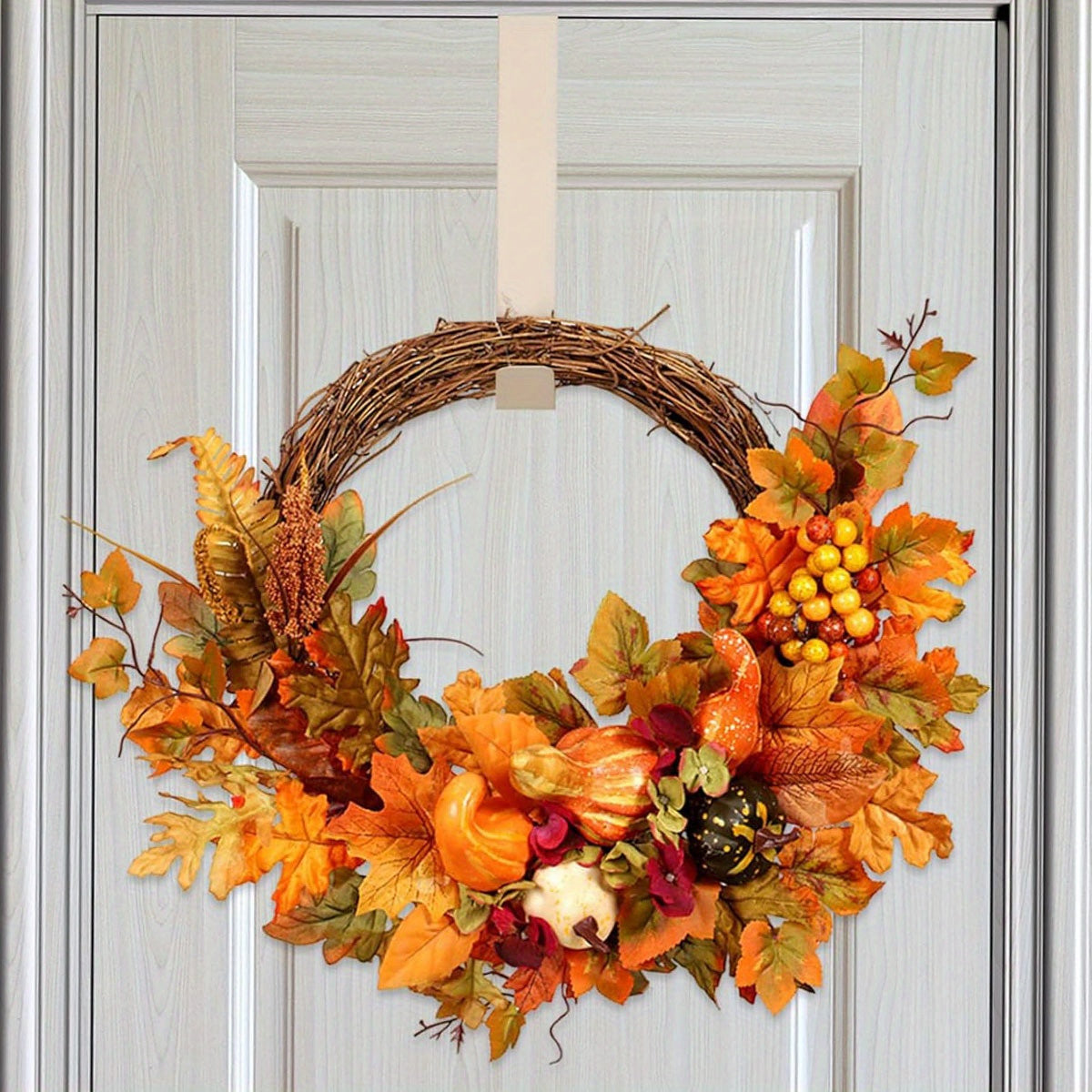 17.7in Artificial Maple Leaf & Pumpkin Wreath - Fall & Thanksgiving Décor