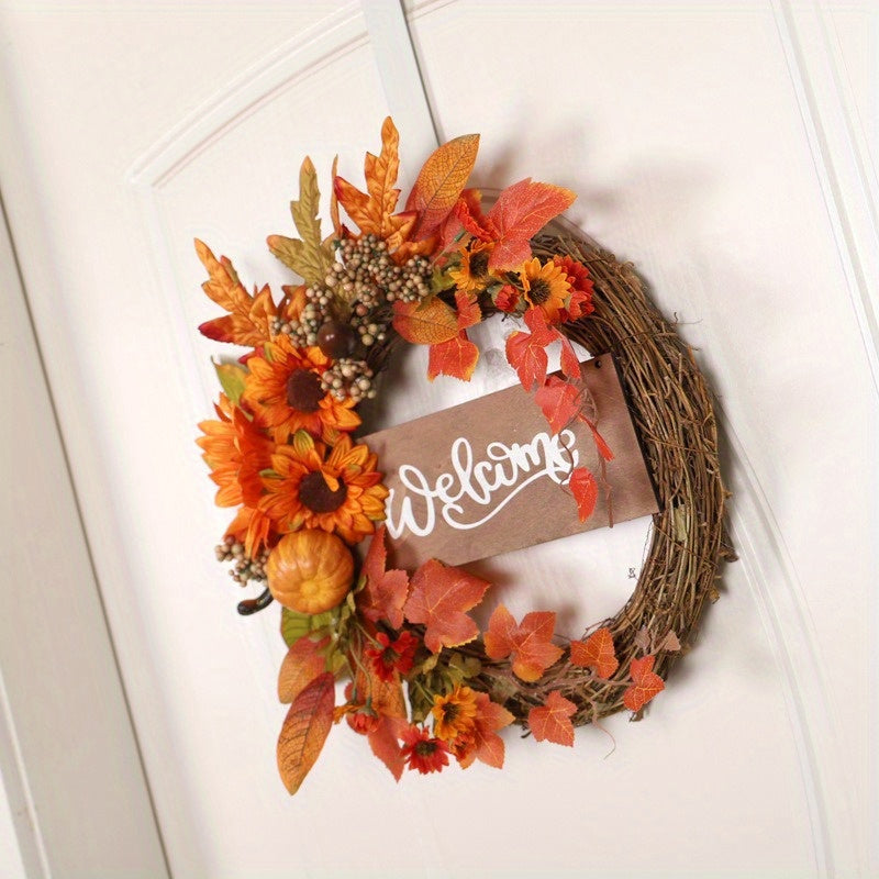 15.74in Large Outdoor Fall Wreath - Pumpkin, Sunflower & Maple Leaf Garland for Thanksgiving & Halloween