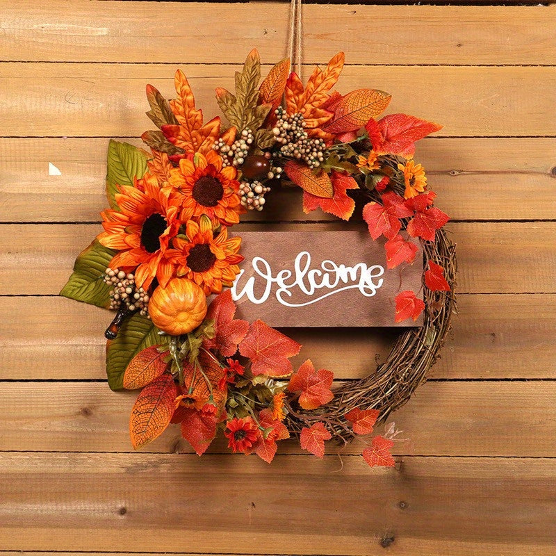 15.74in Large Outdoor Fall Wreath - Pumpkin, Sunflower & Maple Leaf Garland for Thanksgiving & Halloween