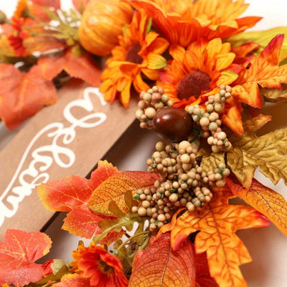 15.74in Large Outdoor Fall Wreath - Pumpkin, Sunflower & Maple Leaf Garland for Thanksgiving & Halloween