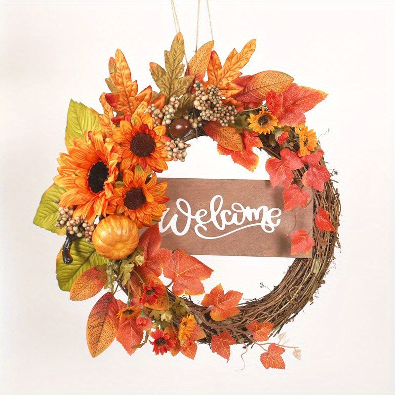 15.74in Large Outdoor Fall Wreath - Pumpkin, Sunflower & Maple Leaf Garland for Thanksgiving & Halloween