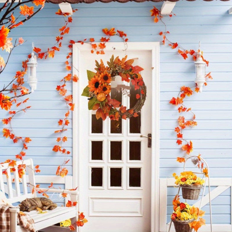 15.74in Large Outdoor Fall Wreath - Pumpkin, Sunflower & Maple Leaf Garland for Thanksgiving & Halloween