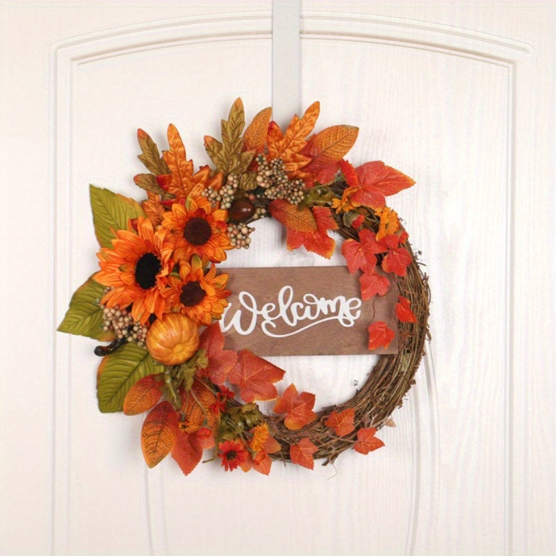 15.74in Large Outdoor Fall Wreath - Pumpkin, Sunflower & Maple Leaf Garland for Thanksgiving & Halloween