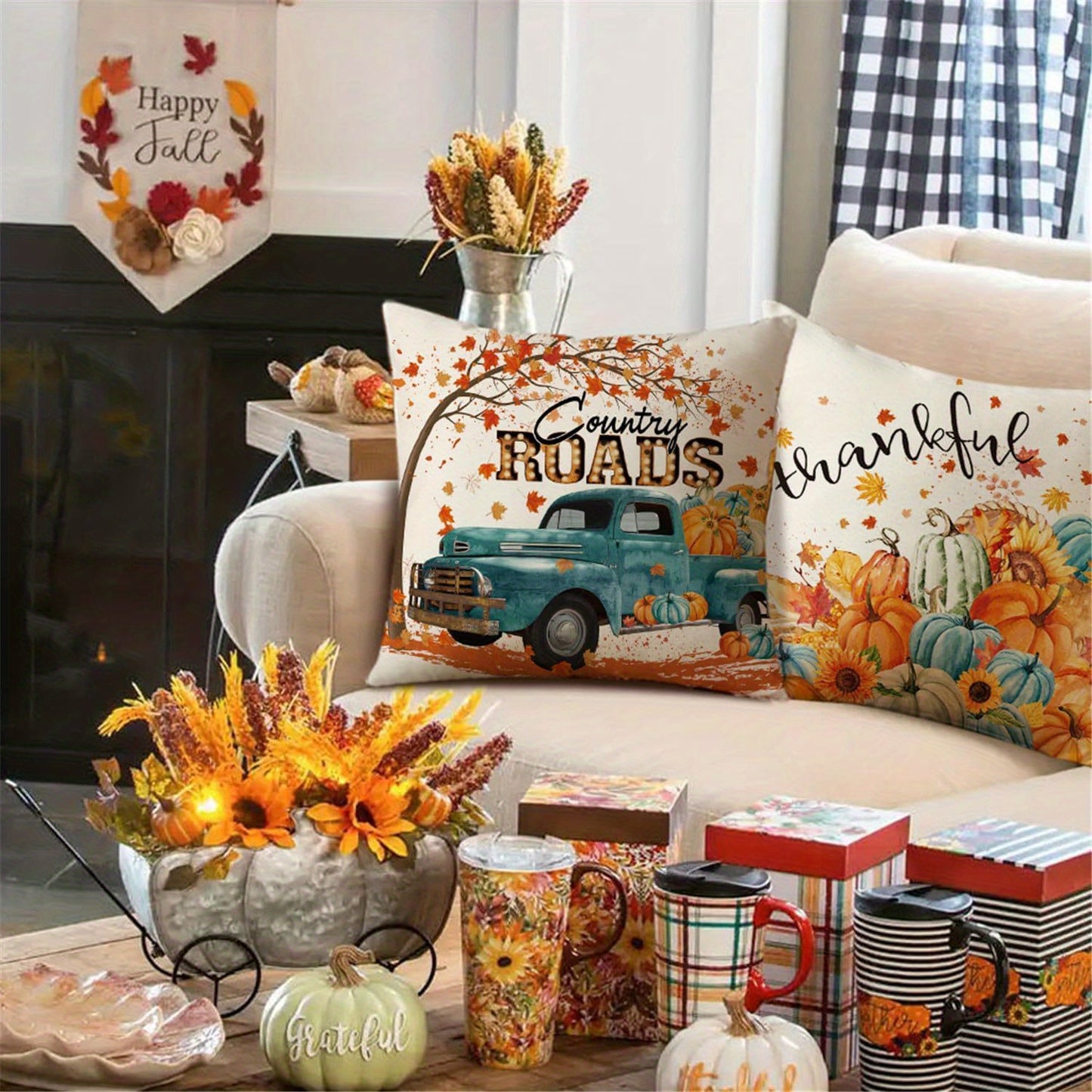 4PCS Fall Thanksgiving Pillow Covers – Blue & Orange Pumpkin Farmhouse Decor for Indoor/Outdoor (18x18”)