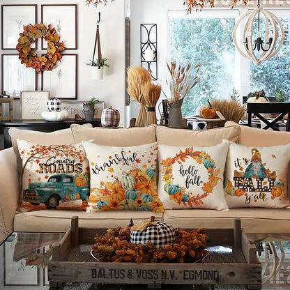 4PCS Fall Thanksgiving Pillow Covers – Blue & Orange Pumpkin Farmhouse Decor for Indoor/Outdoor (18x18”)