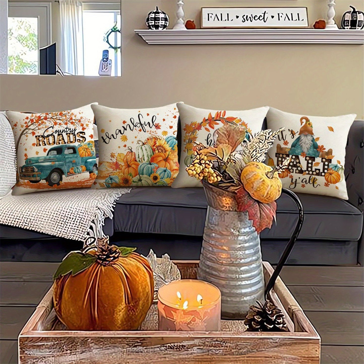 4PCS Fall Thanksgiving Pillow Covers – Blue & Orange Pumpkin Farmhouse Decor for Indoor/Outdoor (18x18”)