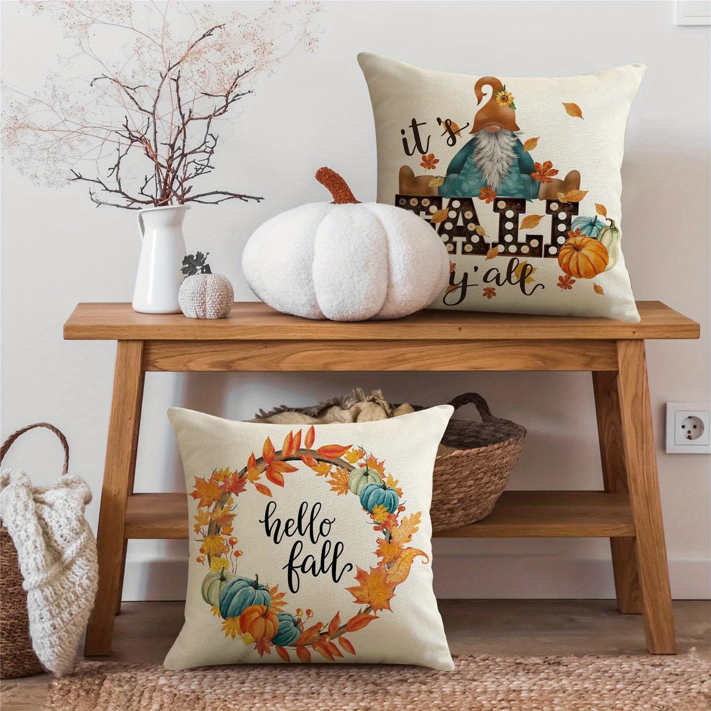 4PCS Fall Thanksgiving Pillow Covers – Blue & Orange Pumpkin Farmhouse Decor for Indoor/Outdoor (18x18”)