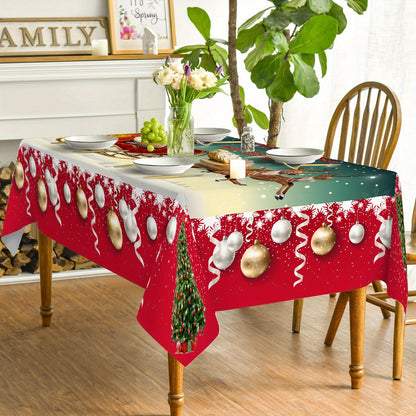 Christmas Tablecloth with Santa and Reindeer Design - 100% Polyester, Waterproof & Stain-Resistant Machine-Woven Table Cover for Dining, Parties, and Picnics