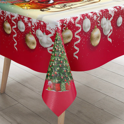 Christmas Tablecloth with Santa and Reindeer Design - 100% Polyester, Waterproof & Stain-Resistant Machine-Woven Table Cover for Dining, Parties, and Picnics