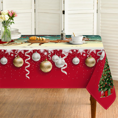 Christmas Tablecloth with Santa and Reindeer Design - 100% Polyester, Waterproof & Stain-Resistant Machine-Woven Table Cover for Dining, Parties, and Picnics