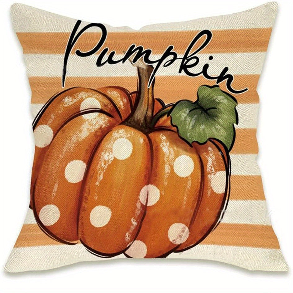 4PCS Autumn Theme Thanksgiving Pillow Covers – Linen Farmhouse Style with Pumpkin & Maple Leaf Designs