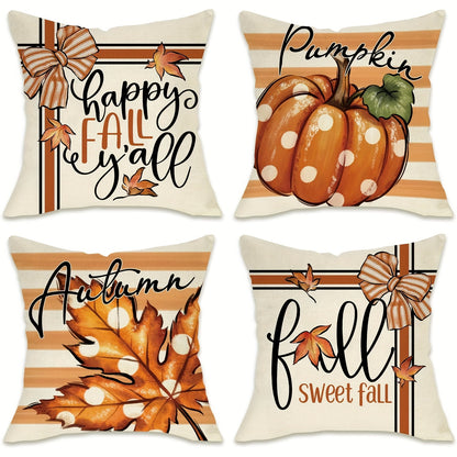 4PCS Autumn Theme Thanksgiving Pillow Covers – Linen Farmhouse Style with Pumpkin & Maple Leaf Designs