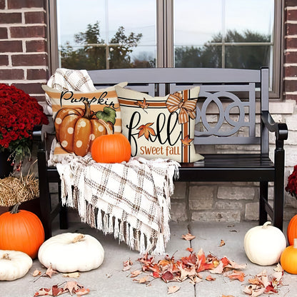 4PCS Autumn Theme Thanksgiving Pillow Covers – Linen Farmhouse Style with Pumpkin & Maple Leaf Designs