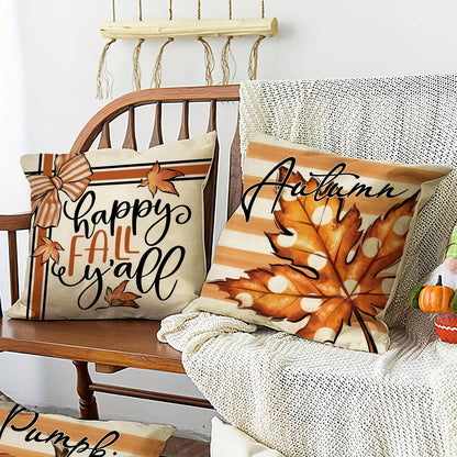 4PCS Autumn Theme Thanksgiving Pillow Covers – Linen Farmhouse Style with Pumpkin & Maple Leaf Designs