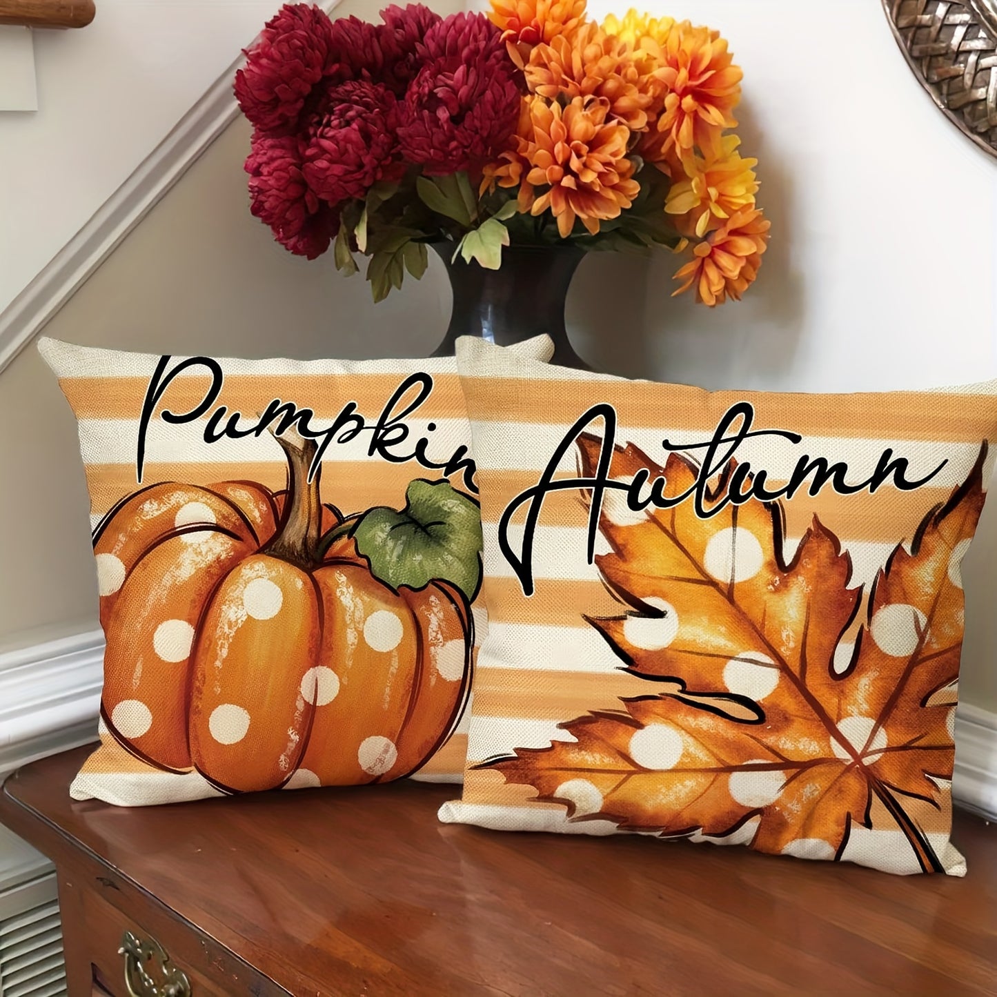 4PCS Autumn Theme Thanksgiving Pillow Covers – Linen Farmhouse Style with Pumpkin & Maple Leaf Designs