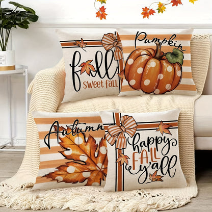 4PCS Autumn Theme Thanksgiving Pillow Covers – Linen Farmhouse Style with Pumpkin & Maple Leaf Designs