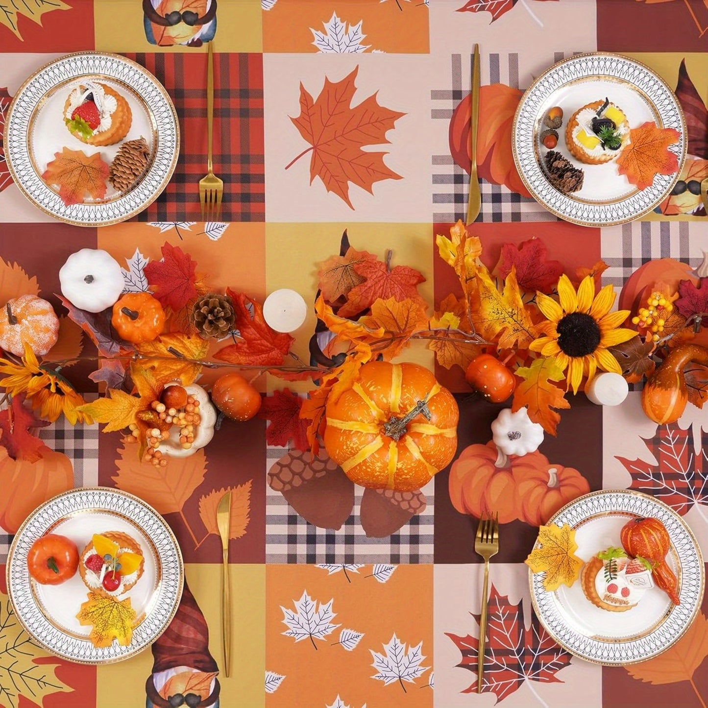 Autumn Checkered Tablecloth with Pumpkin & Maple Leaf Design – Holiday Decor