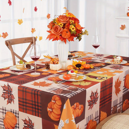 Autumn Checkered Tablecloth with Pumpkin & Maple Leaf Design – Holiday Decor