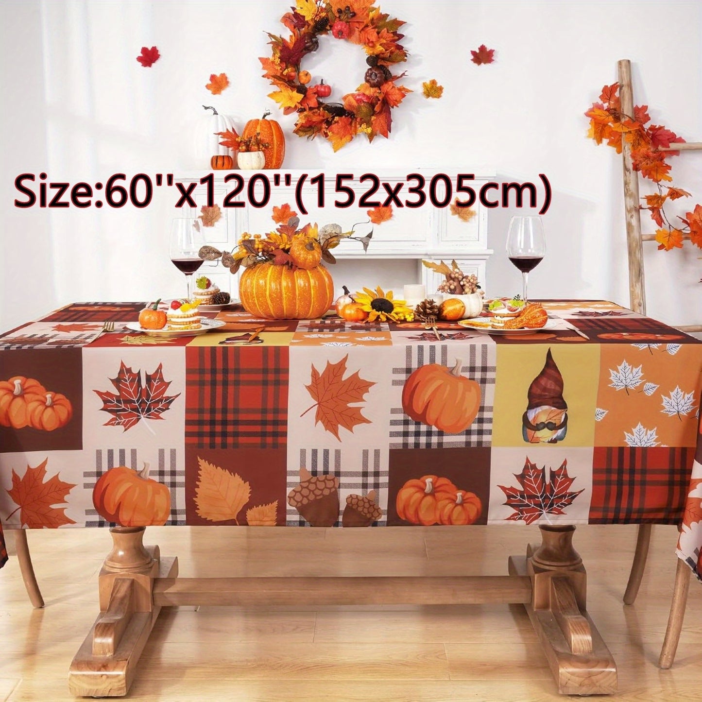 Autumn Checkered Tablecloth with Pumpkin & Maple Leaf Design – Holiday Decor