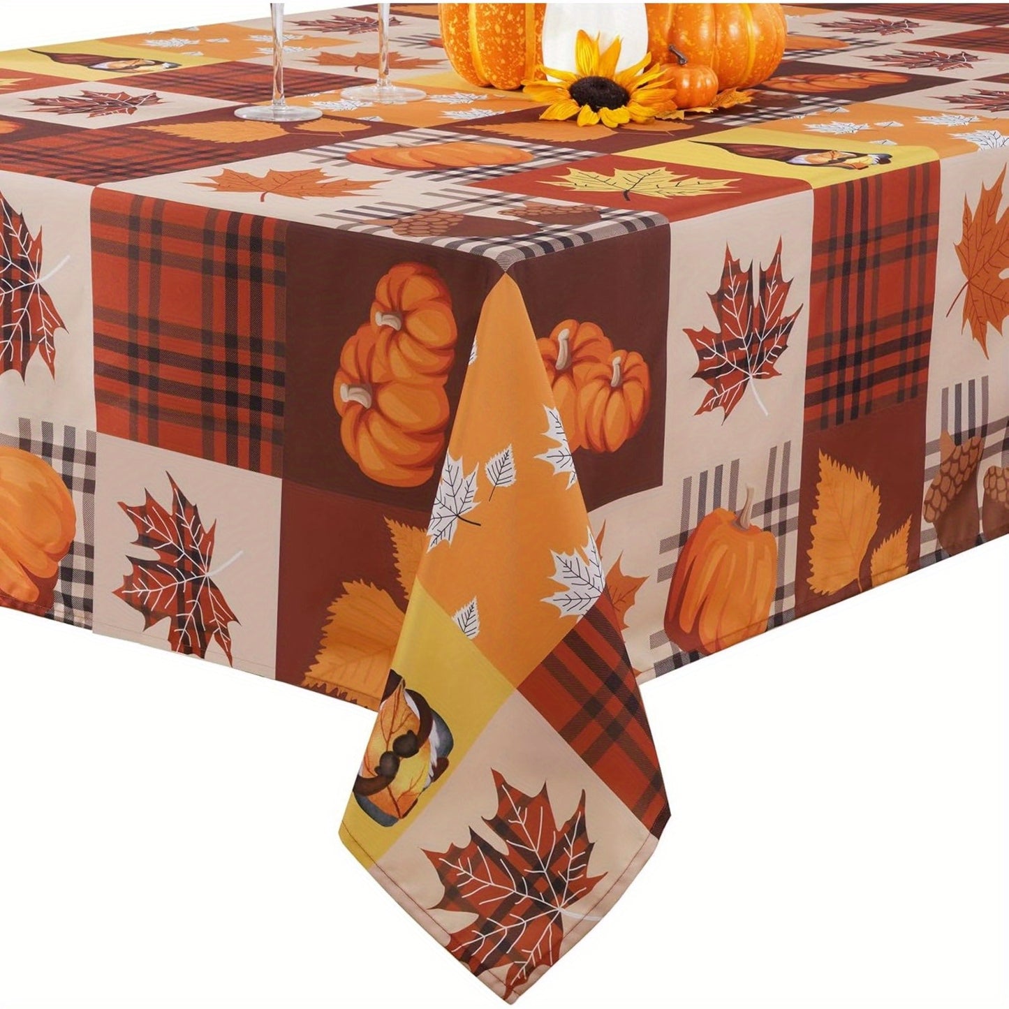 Autumn Checkered Tablecloth with Pumpkin & Maple Leaf Design – Holiday Decor