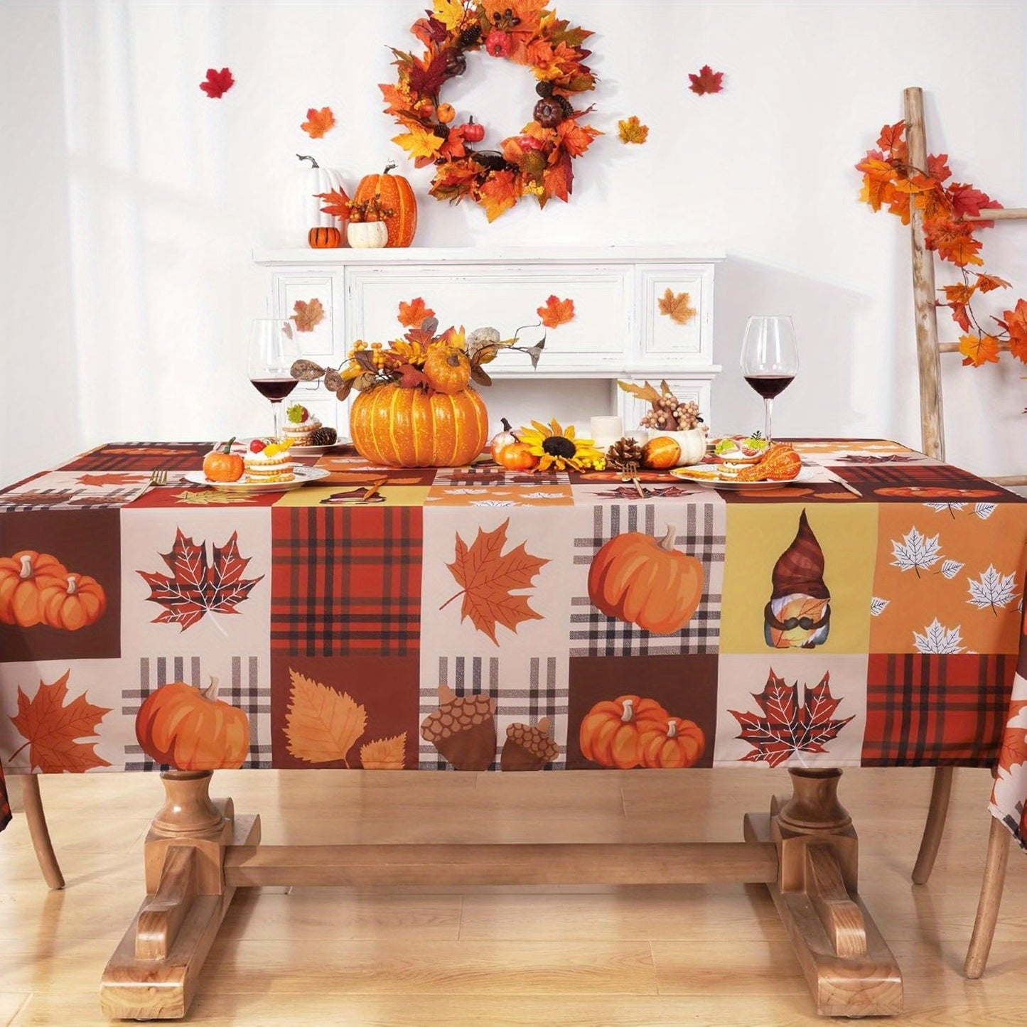 Autumn Checkered Tablecloth with Pumpkin & Maple Leaf Design – Holiday Decor