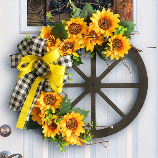 Handcrafted Sunflower Wreath with Wheel Design - Perfect for Front Door & Thanksgiving Décor