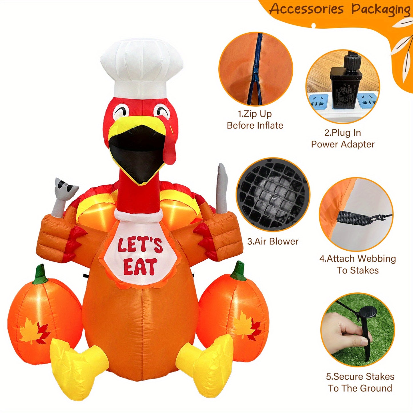 6ft LED-Lit Inflatable Turkey with Pumpkin - Thanksgiving & Fall Yard Décor