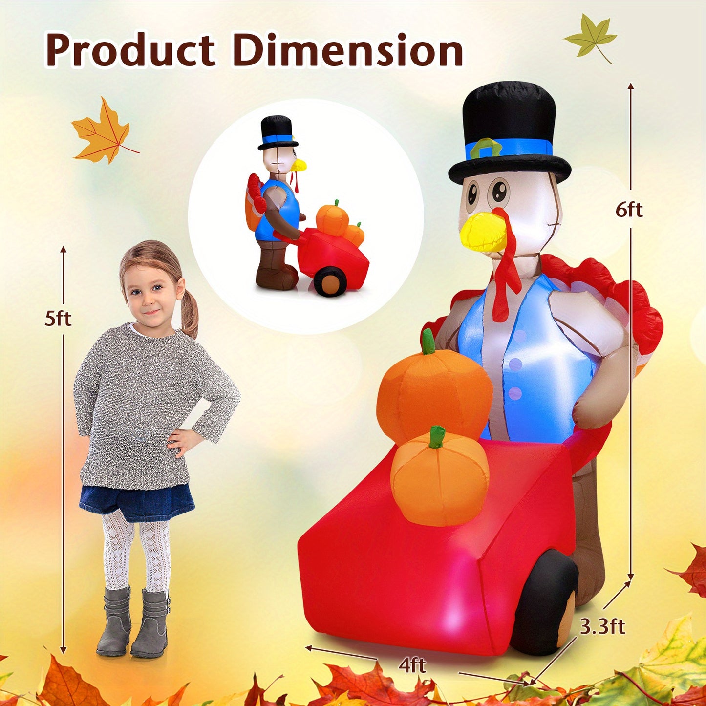 6ft GYMAX Inflatable Turkey with Pumpkin Cart - Lighted Thanksgiving Holiday Décor