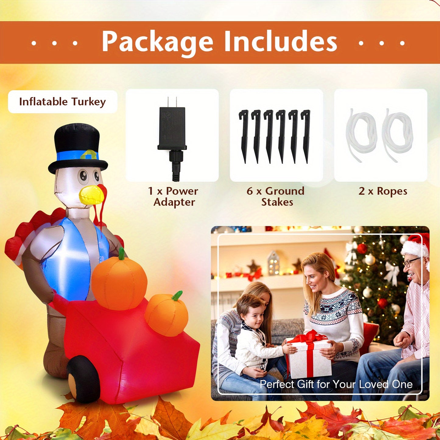 6ft GYMAX Inflatable Turkey with Pumpkin Cart - Lighted Thanksgiving Holiday Décor