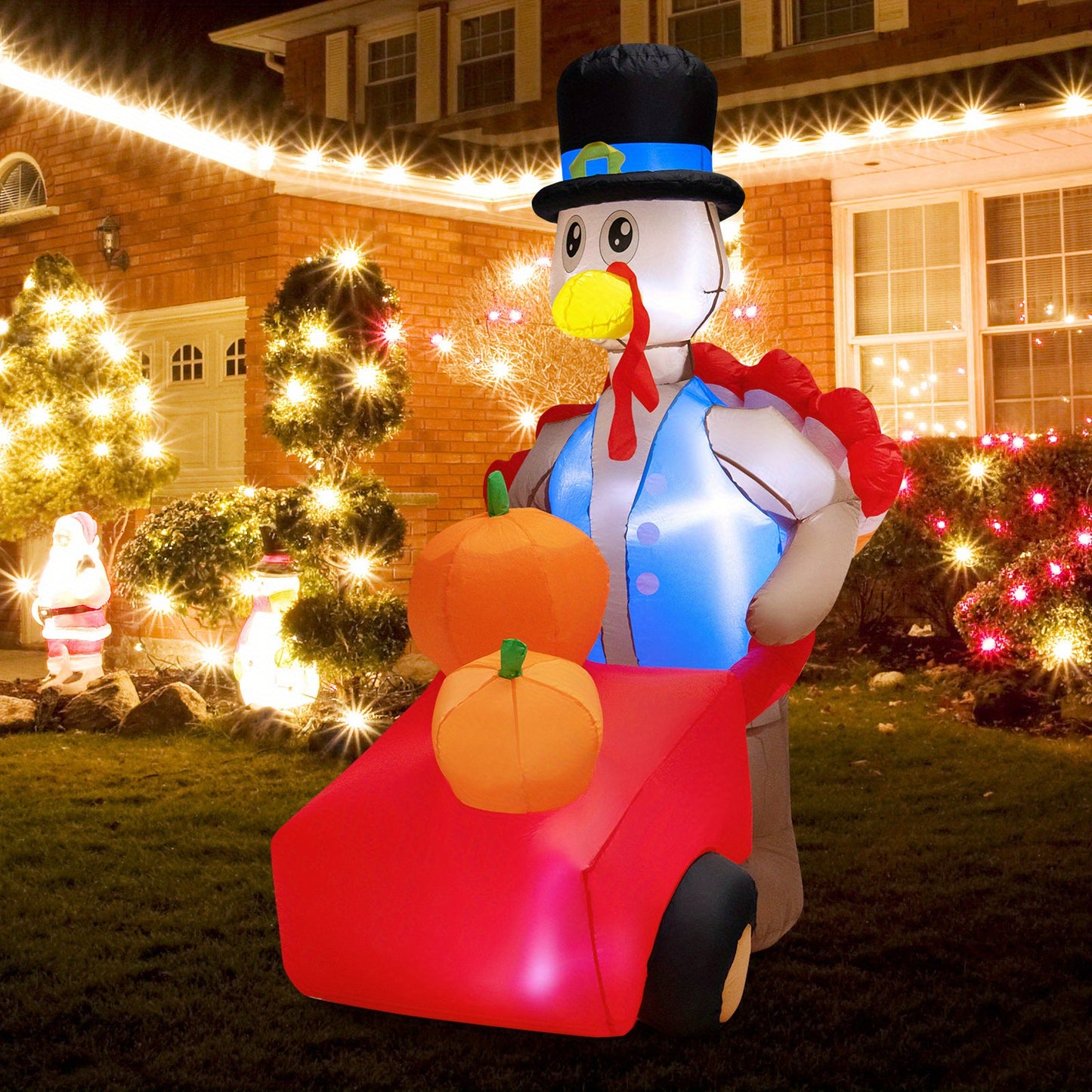 6ft GYMAX Inflatable Turkey with Pumpkin Cart - Lighted Thanksgiving Holiday Décor