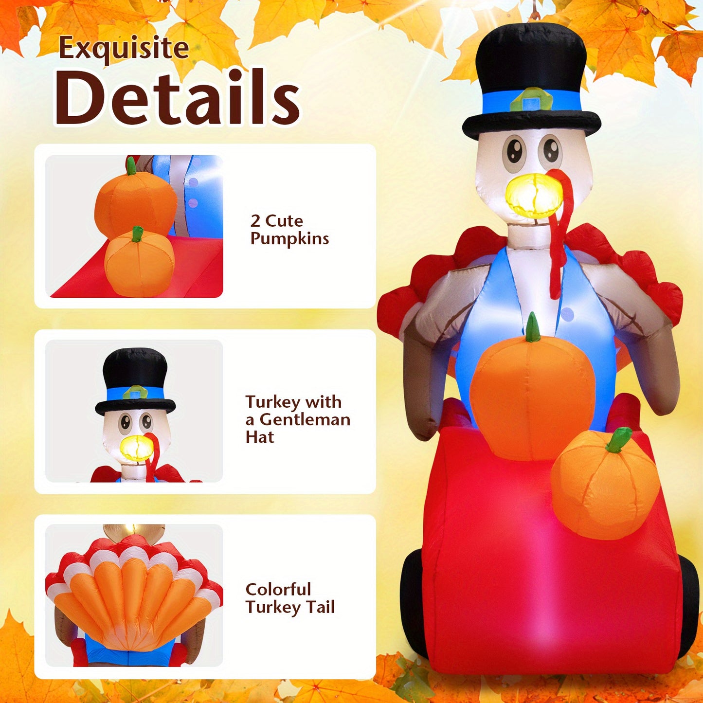 6ft GYMAX Inflatable Turkey with Pumpkin Cart - Lighted Thanksgiving Holiday Décor