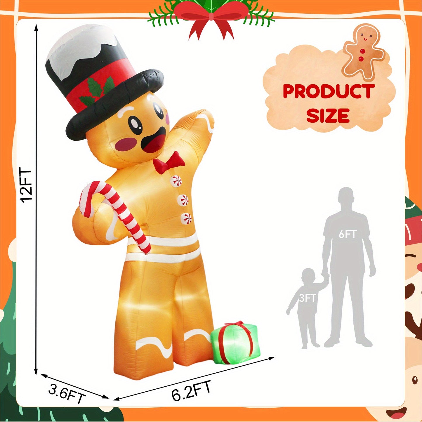 12-Foot Inflatable Gingerbread Man with Candy Canes - Fun Christmas Yard & Party Decoration