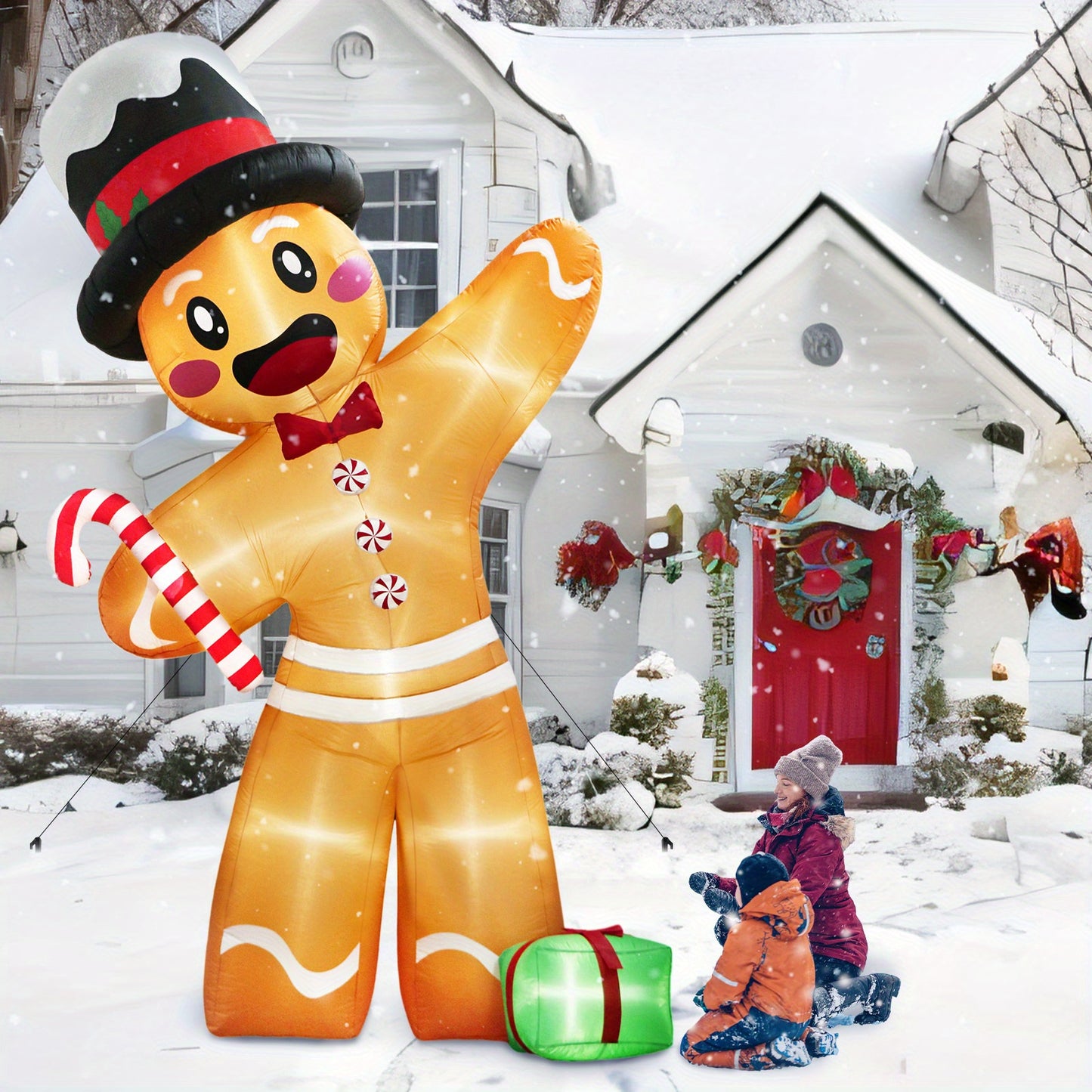 12-Foot Inflatable Gingerbread Man with Candy Canes - Fun Christmas Yard & Party Decoration