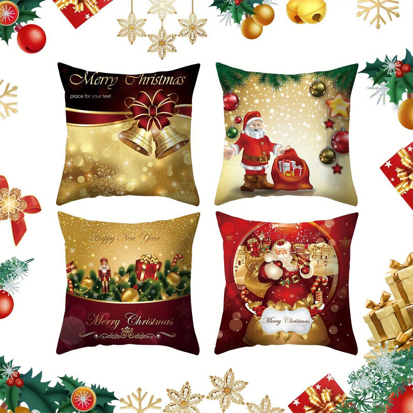 4-Piece Golden Christmas Pillow Covers – Farmhouse Style for Holiday Decor, Indoor/Outdoor Use