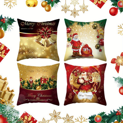 4-Piece Golden Christmas Pillow Covers – Farmhouse Style for Holiday Decor, Indoor/Outdoor Use