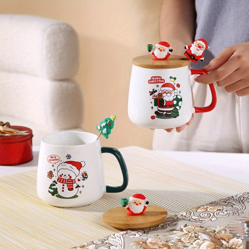 Christmas Ceramic Mug Set with Lid and Spoon, 400ml/13.52 oz, Insulated, Reusable, Hand Wash Only, Multipurpose Santa Claus Design, Perfect Gift Set