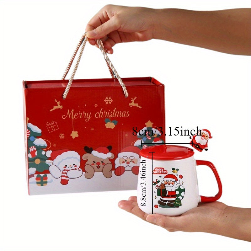 Christmas Ceramic Mug Set with Lid and Spoon, 400ml/13.52 oz, Insulated, Reusable, Hand Wash Only, Multipurpose Santa Claus Design, Perfect Gift Set