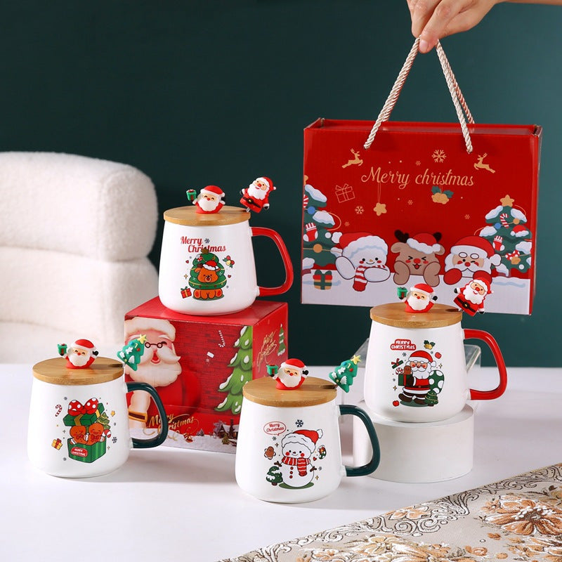 Christmas Ceramic Mug Set with Lid and Spoon, 400ml/13.52 oz, Insulated, Reusable, Hand Wash Only, Multipurpose Santa Claus Design, Perfect Gift Set