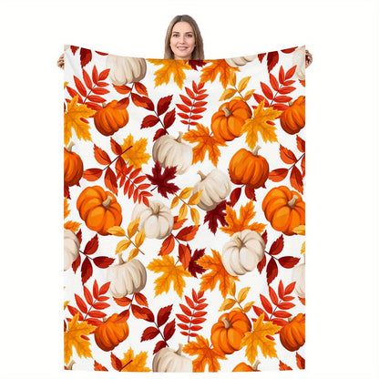 Cozy Pumpkin & Maple Leaf Flannel Blanket – Soft, Durable, All-Season Comfort for Home & Office