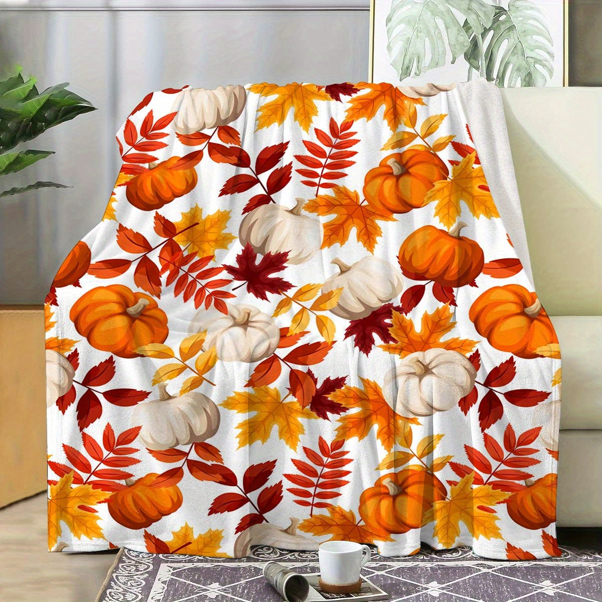 Cozy Pumpkin & Maple Leaf Flannel Blanket – Soft, Durable, All-Season Comfort for Home & Office