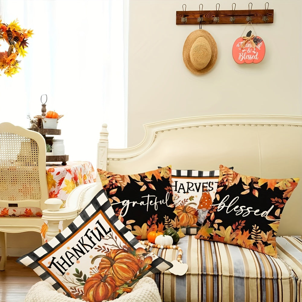 4 PCS Fall Throw Pillow Covers – Vibrant Thanksgiving Maple & Pumpkin Design for Home & Party Decor