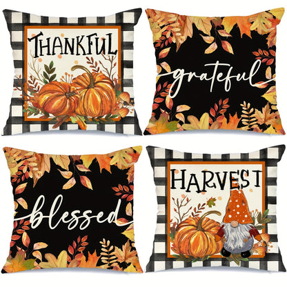 4 PCS Fall Throw Pillow Covers – Vibrant Thanksgiving Maple & Pumpkin Design for Home & Party Decor