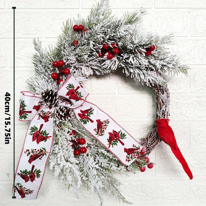 15.75-Inch Snow Christmas Wreath with Red Berries, Pine Cones, Bird & Lights - Perfect for Front Door or Farmhouse Holiday Décor